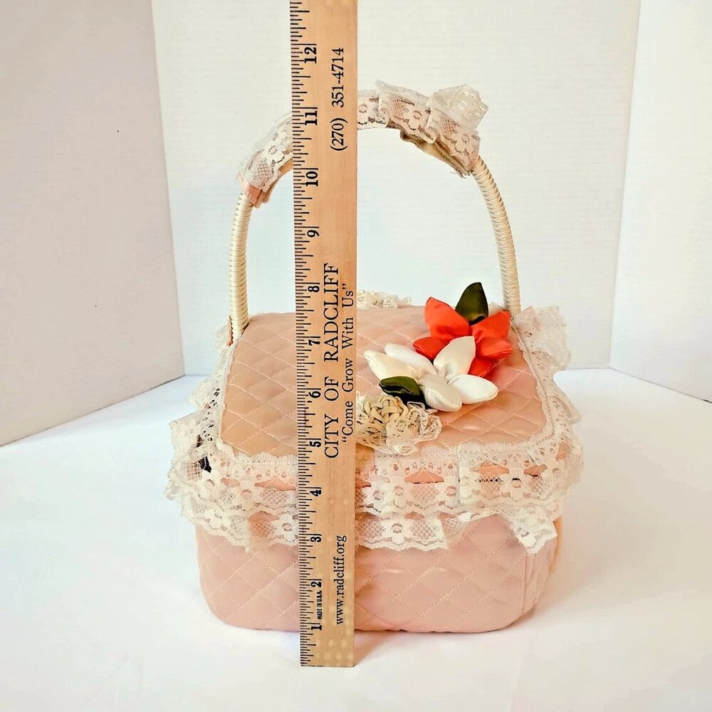 Vintage Pink Satin Picnic Basket Wicker Sewing Storage Lace Floral Ribbon Spring